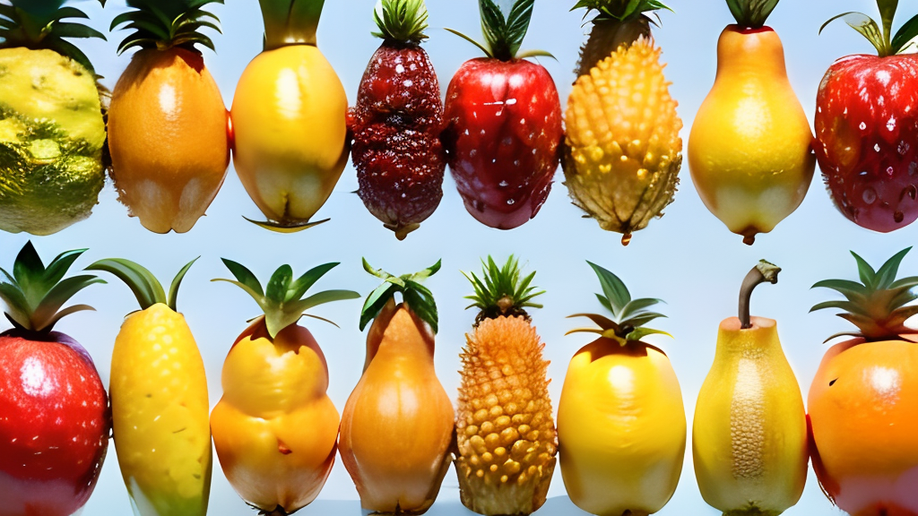 A row of different colored fruits on a blue background.