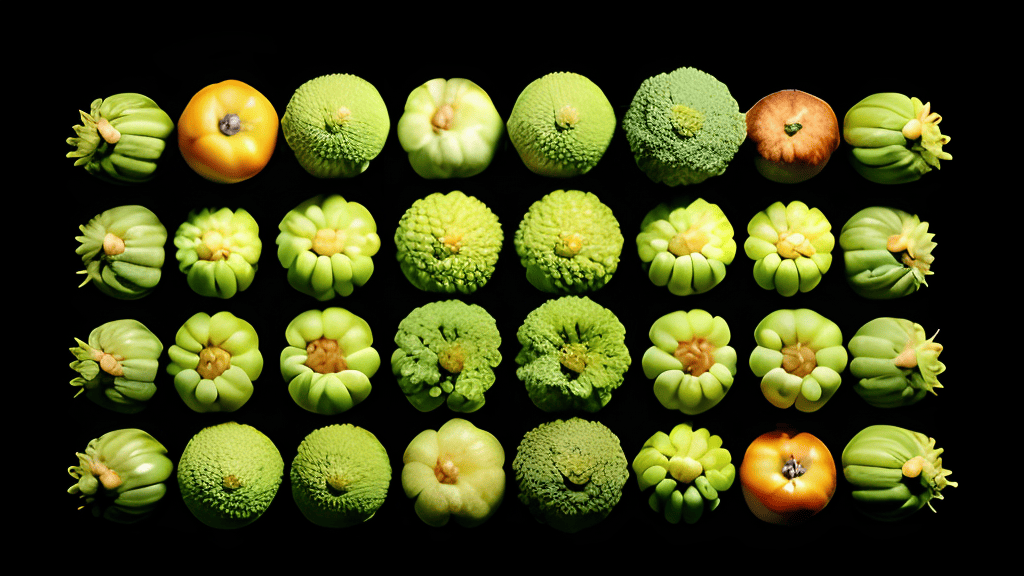 A row of green and orange fruits on a black background.