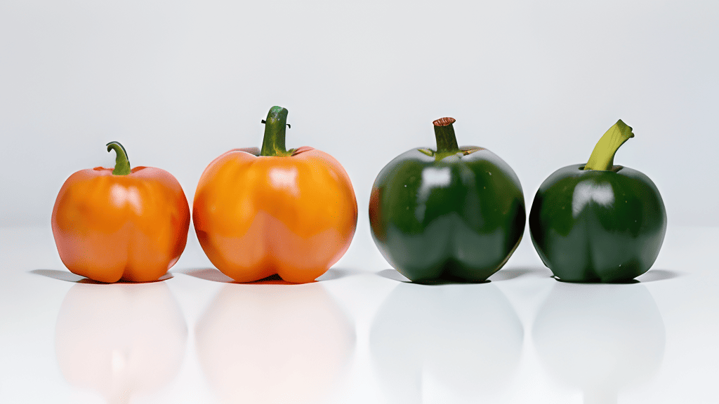 A group of peppers on a white surface.