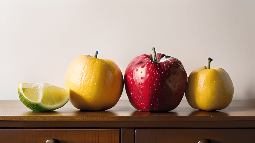 Three apples and a lime on a wooden table.