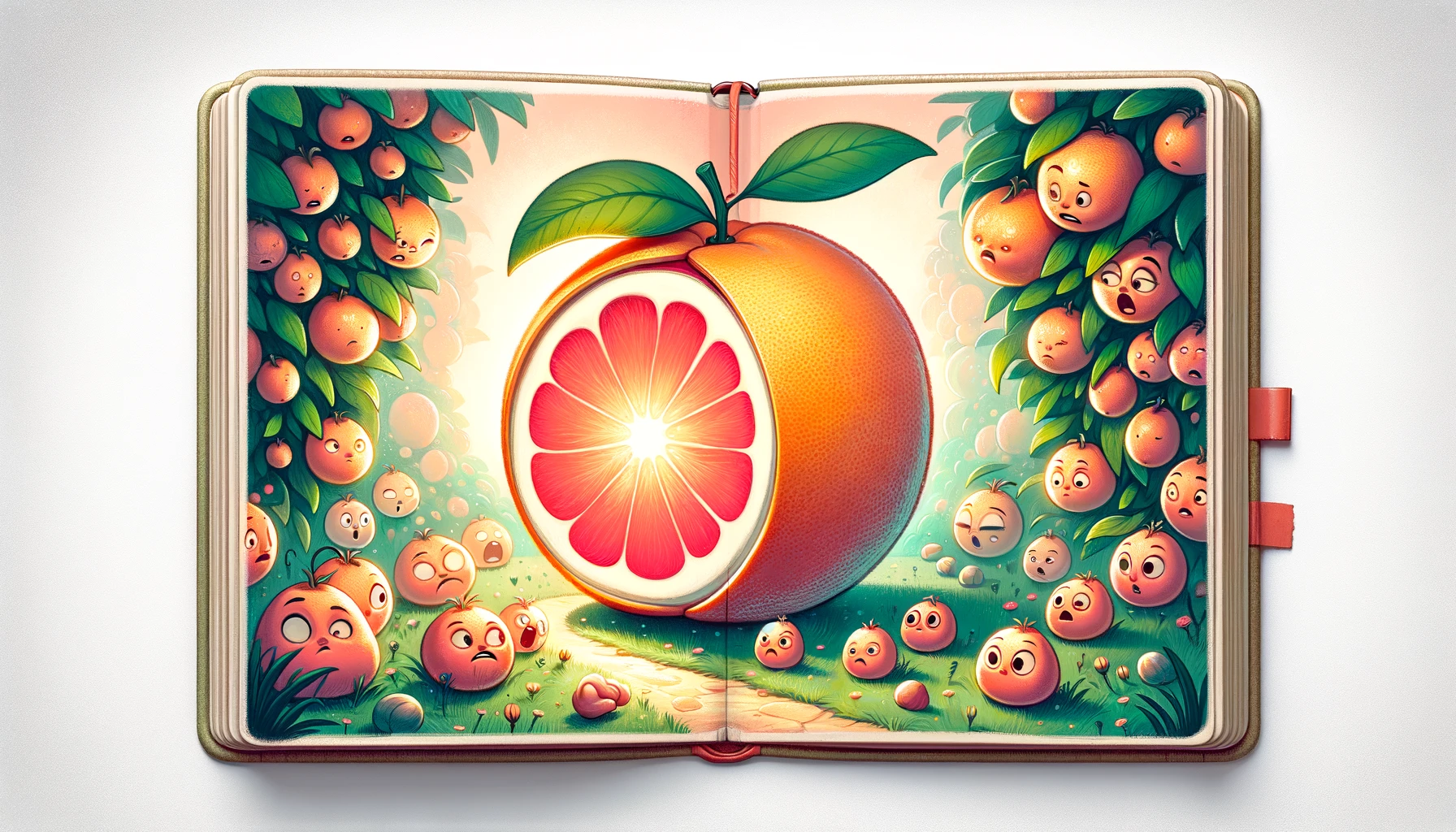 An open book with a picture of an orange.