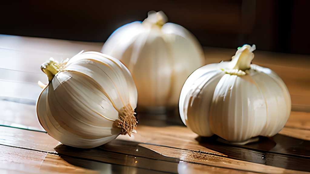 Three white garlics on a wooden table.