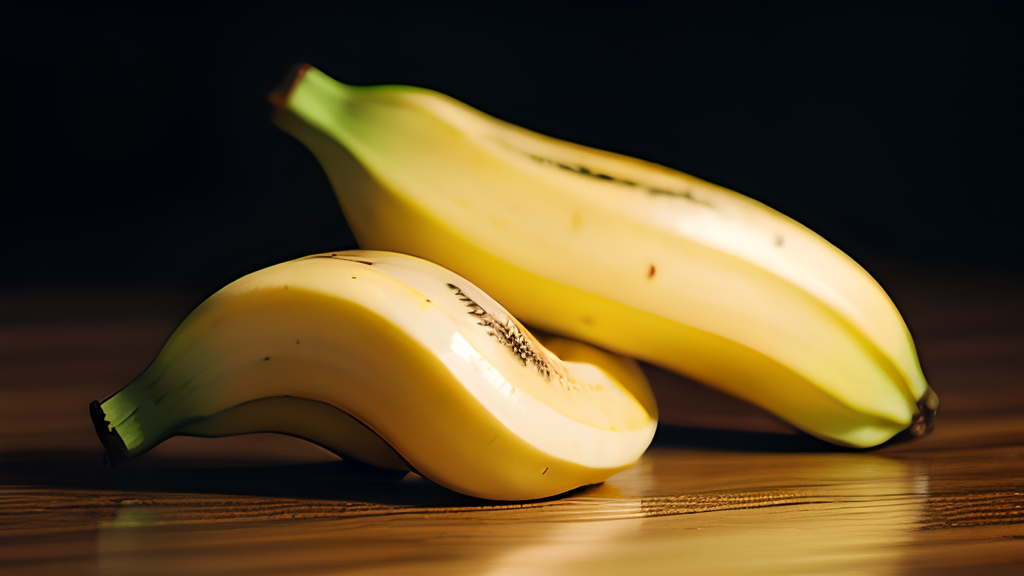 Two bananas on a table.