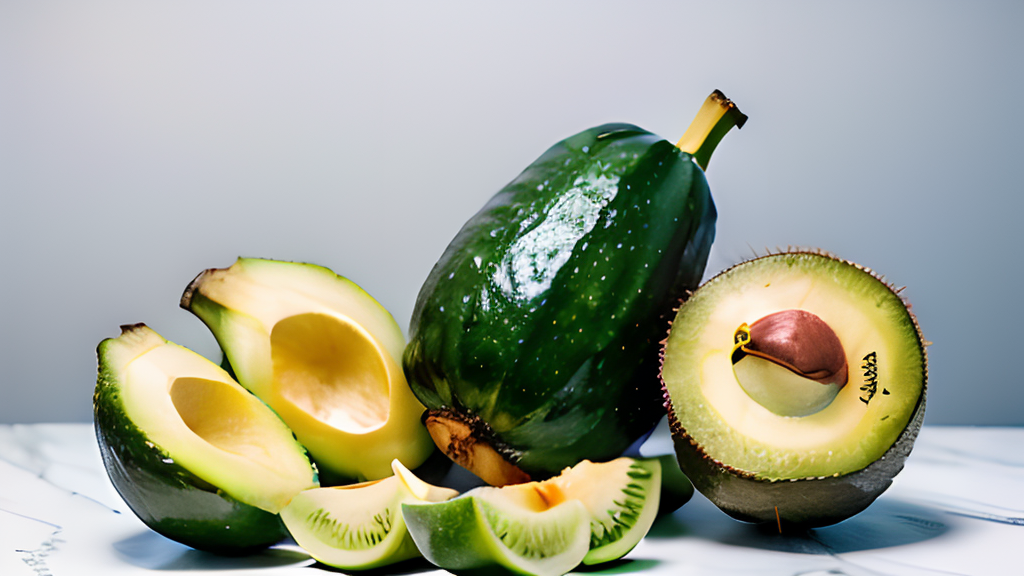 A group of green avocados on a marble table.