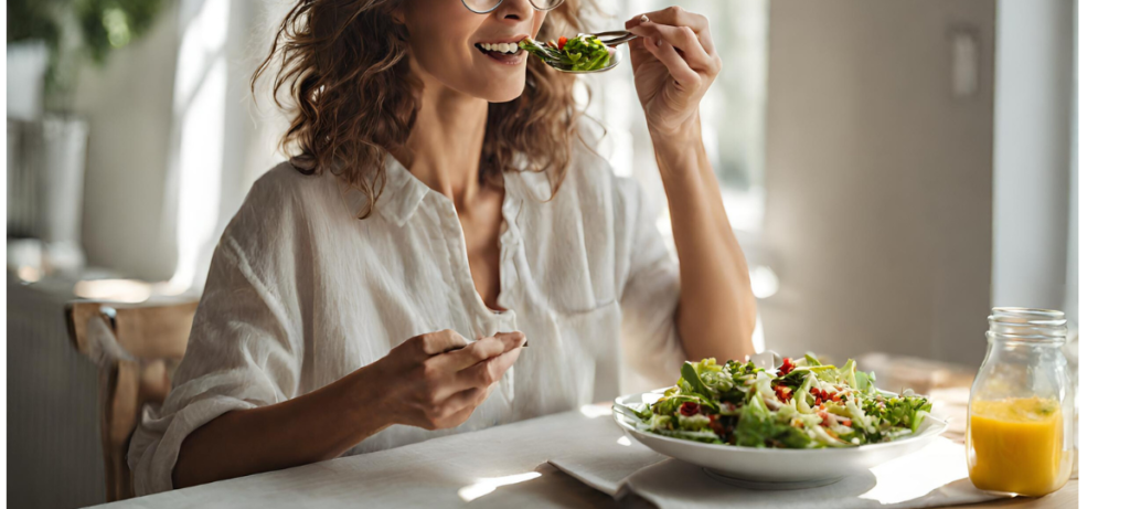 A woman eating a salad at home.