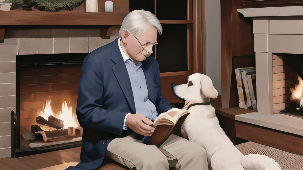 A man is reading a book to a dog.