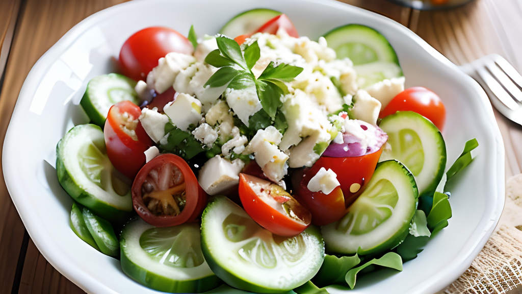 A salad with tomatoes, cucumbers and feta cheese.