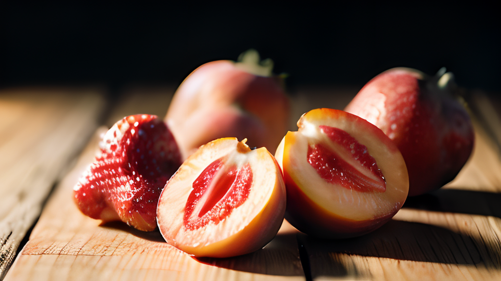 Sliced strawberries and peaches on a wooden table.