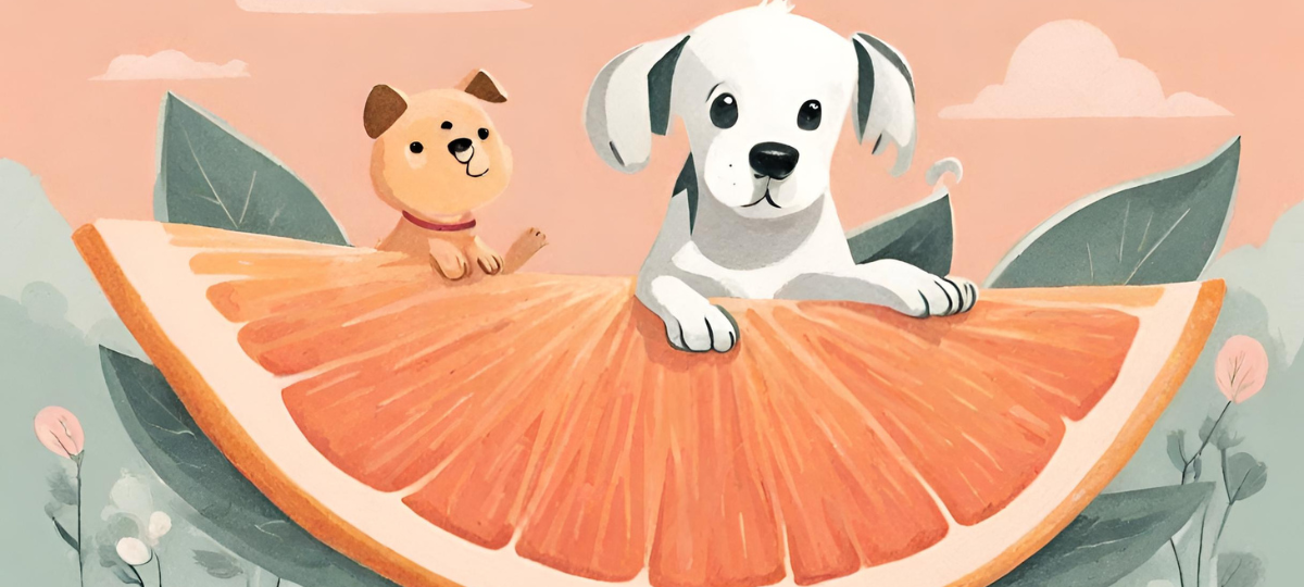 Dog and juicy grapefruit.