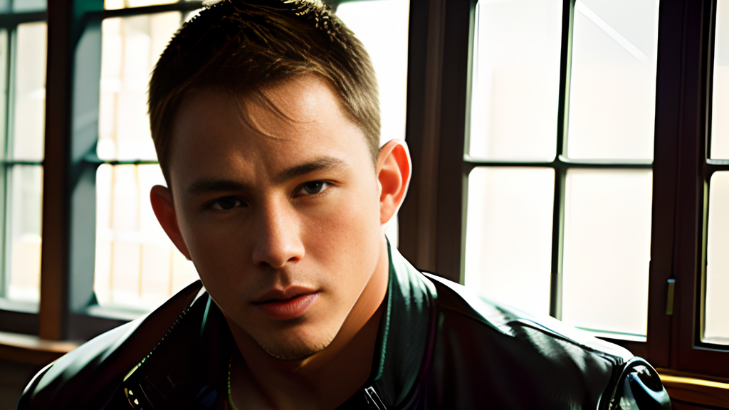 A young man in a leather jacket.