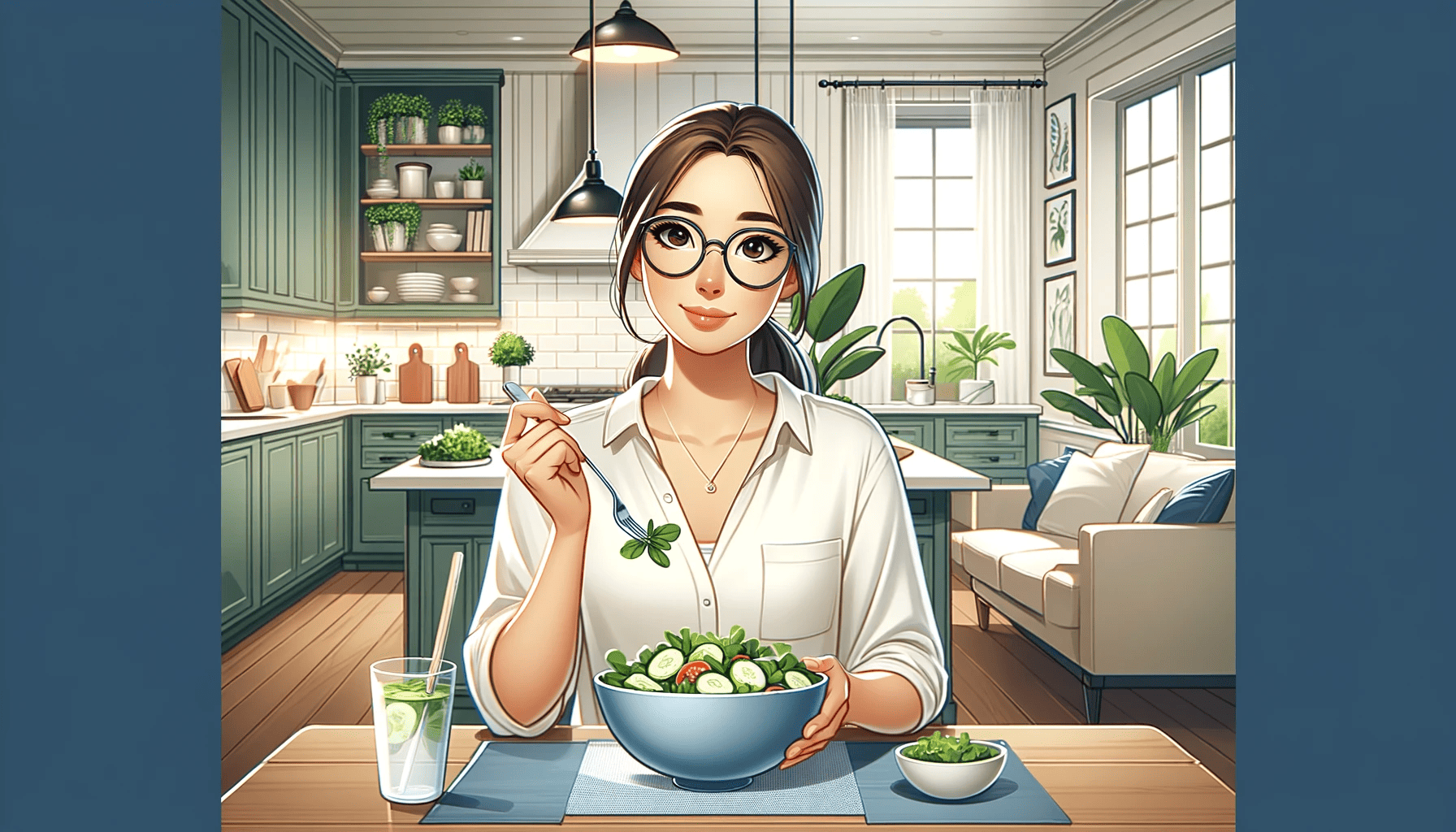 A woman is sitting at a table with a bowl of salad.