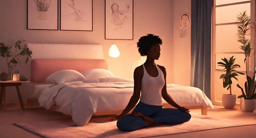 A woman is meditating in her bedroom.