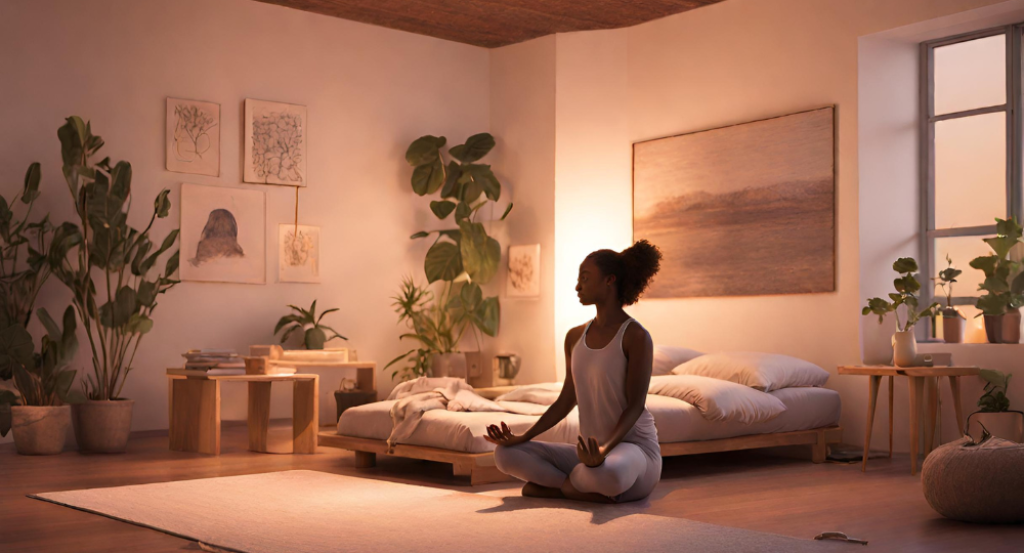 A woman is meditating in a room with plants.