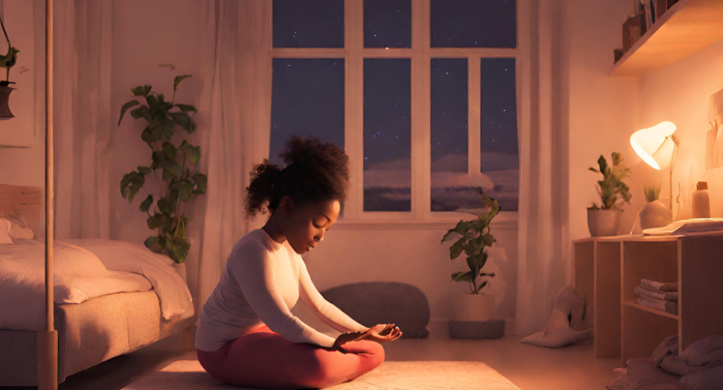 A young woman meditating in her bedroom at night.