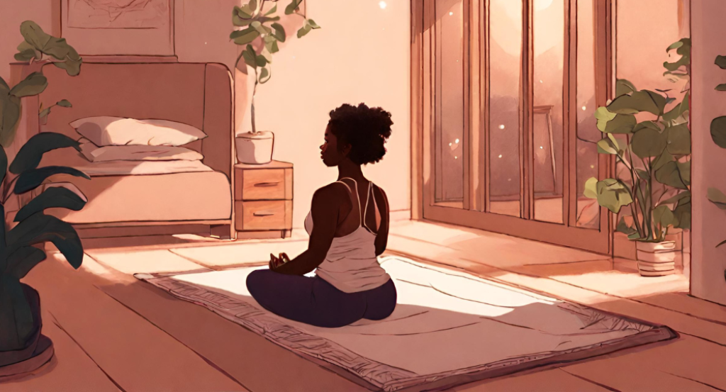 An illustration of a woman meditating in a room.