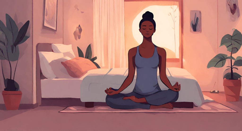 A woman is meditating in her bedroom.