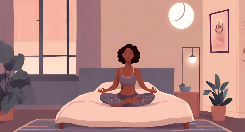 An illustration of a woman meditating on a bed.