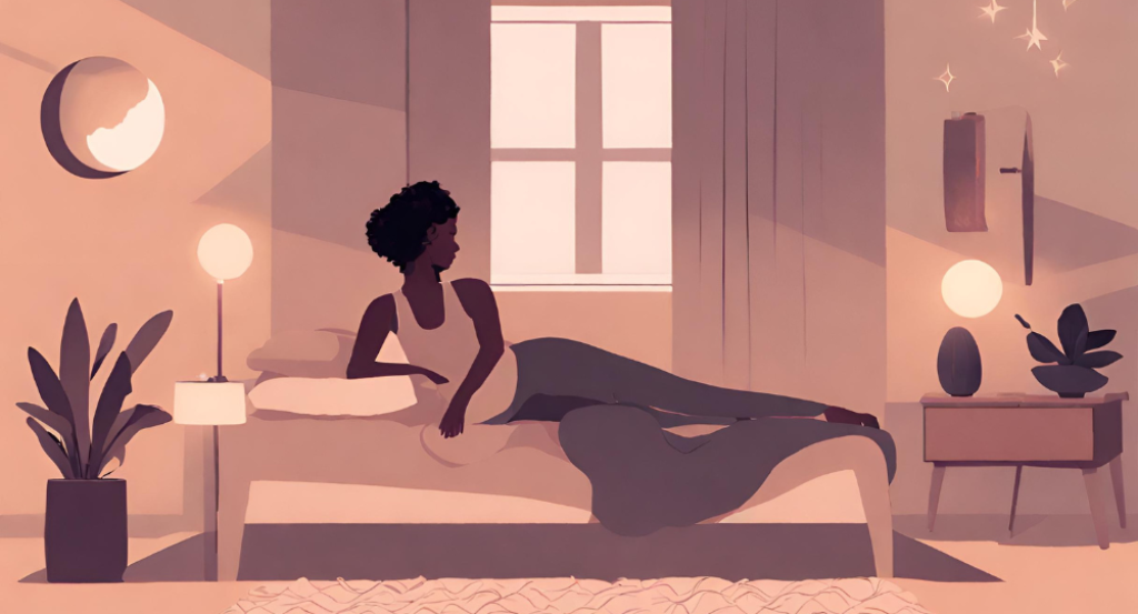 An illustration of a woman laying on a bed.