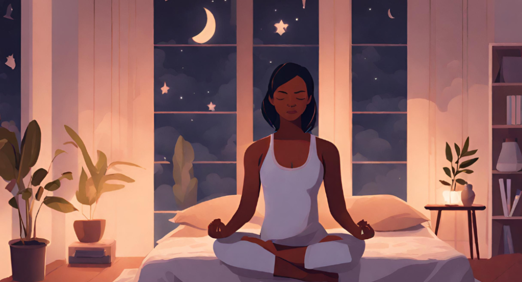 A woman meditating in bed at night.