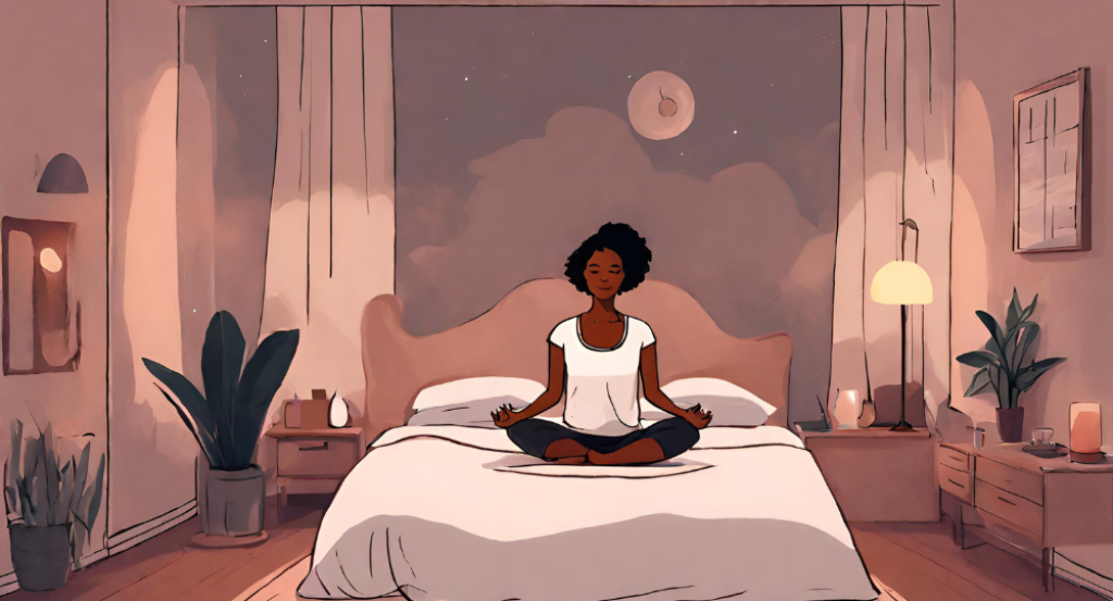 An illustration of a woman meditating on a bed.