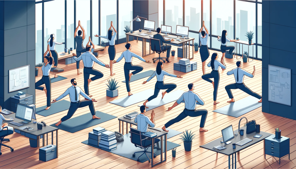 A group of people doing yoga in an office.