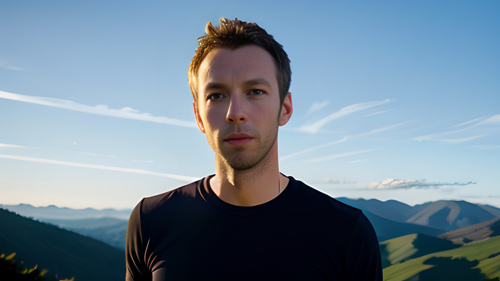 A man is standing in front of a mountain.