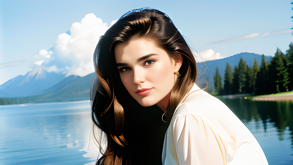 A woman is posing by a lake.