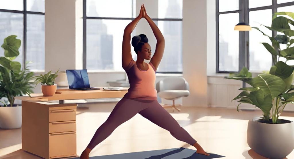 A woman is doing yoga in her office.