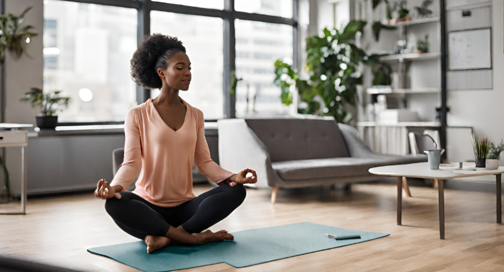 A woman is meditating in her living room.