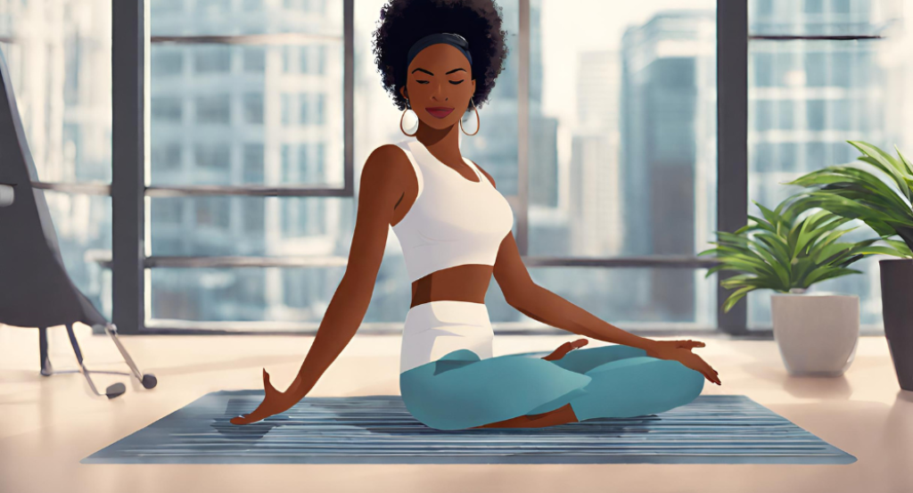 A woman is sitting in a yoga pose in front of a window.