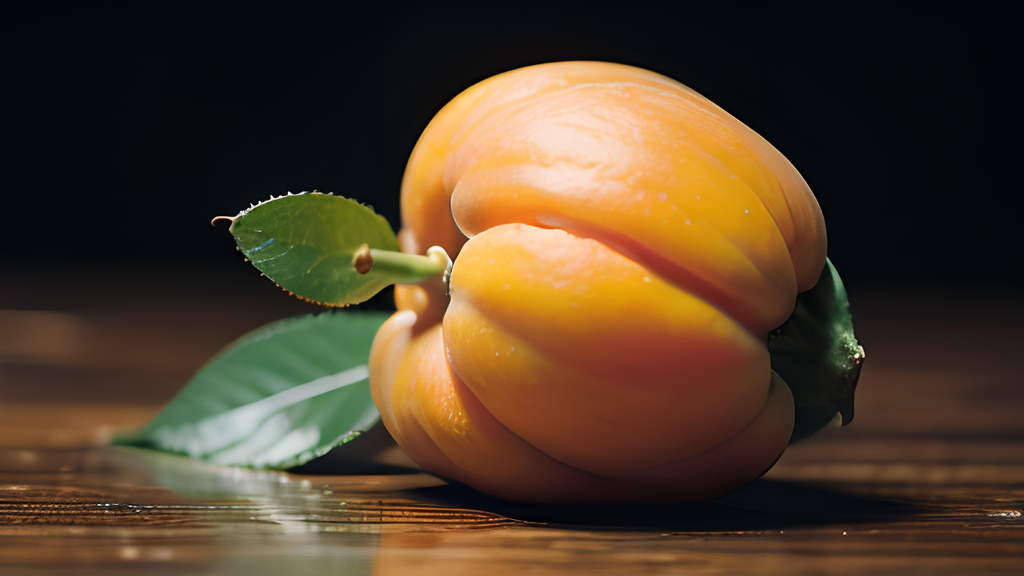 An orange fruit with a leaf on it.