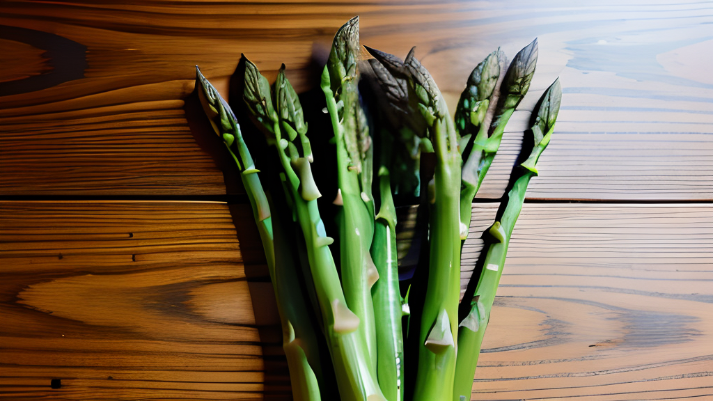 A bunch of asparagus on a wooden table.