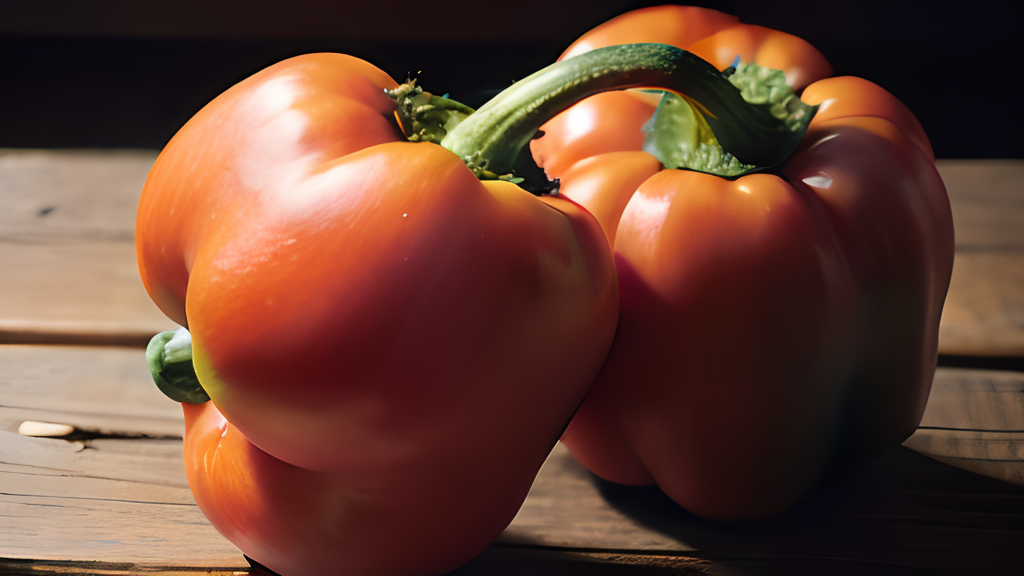 Two red peppers on a wooden table.