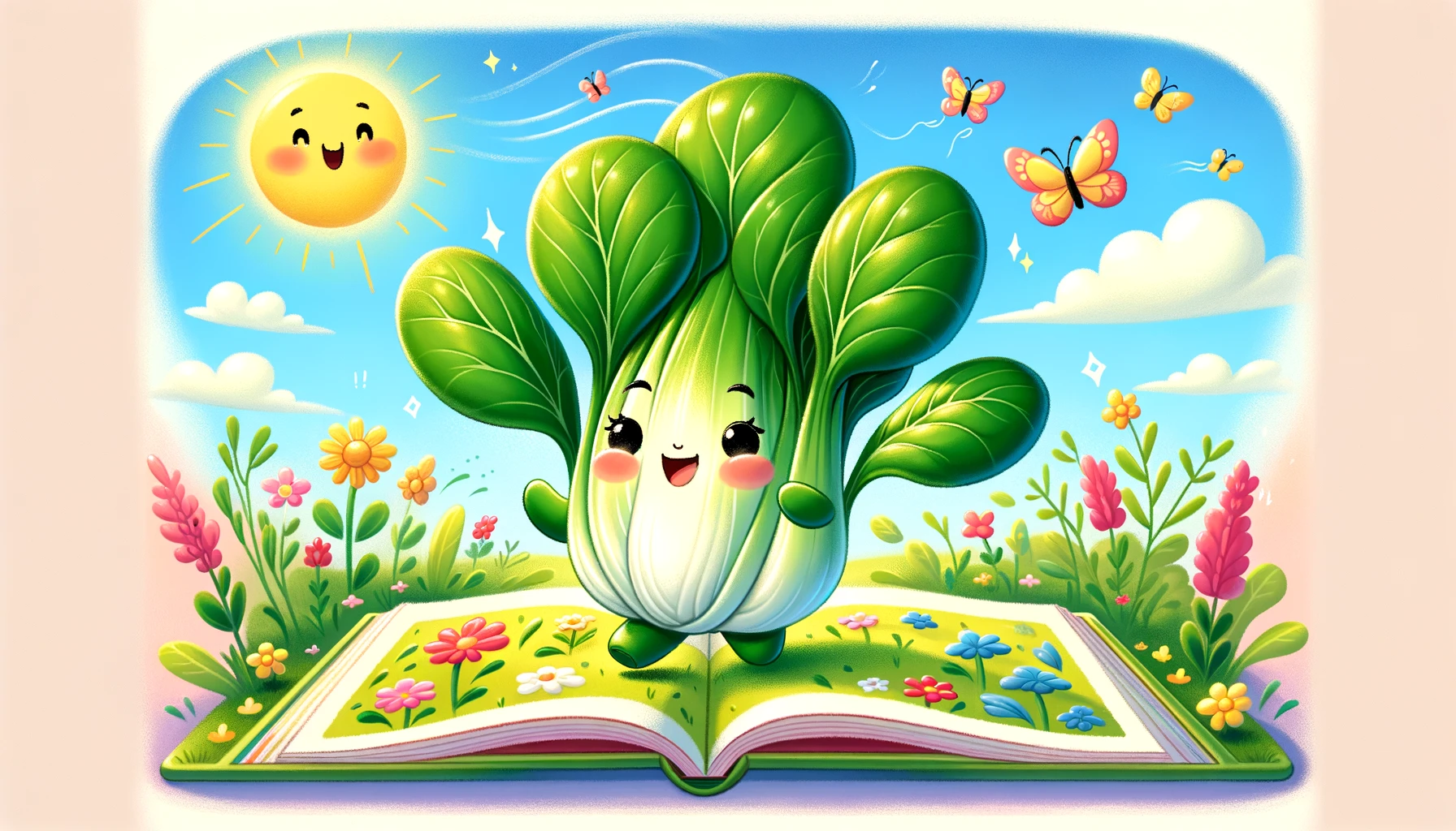 A cartoon illustration of a leafy vegetable sitting on a book.