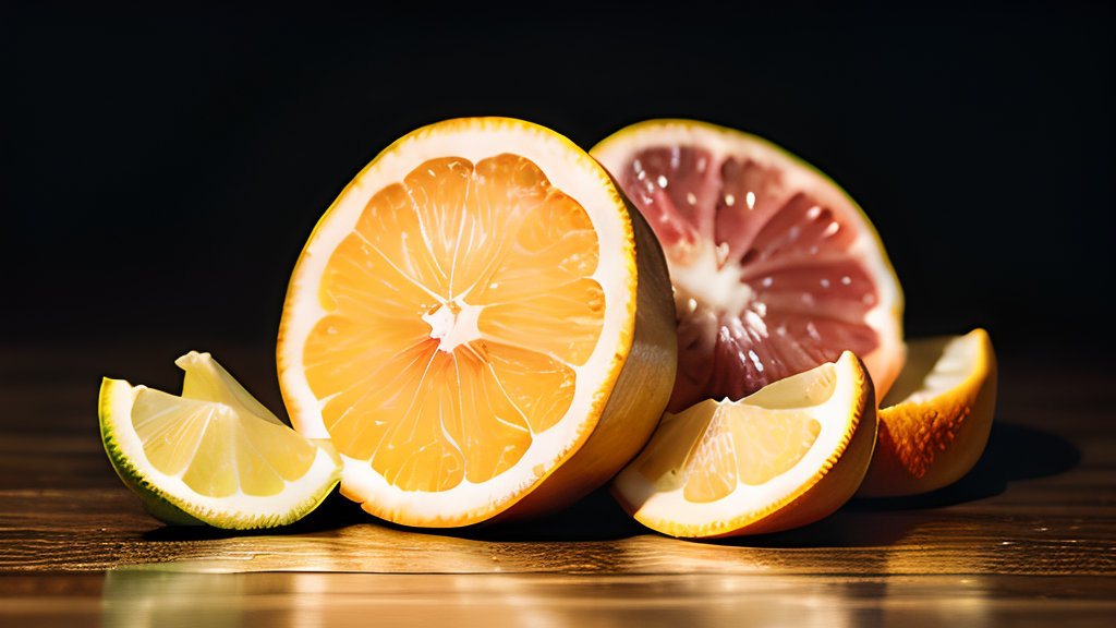 A slice of orange and a slice of grapefruit.