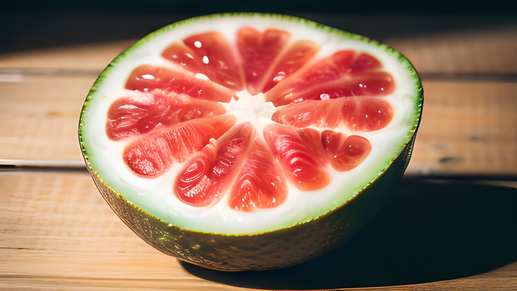 A half of a grapefruit on a wooden table.