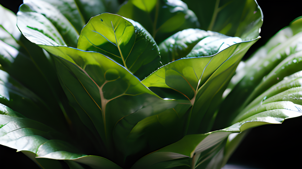 A close up of a green leaf in a vase.