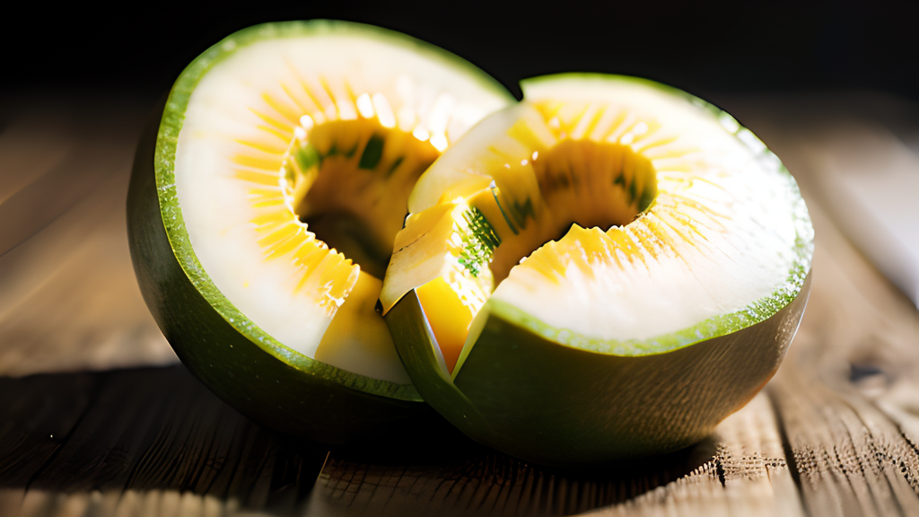 A slice of a melon on a wooden table.