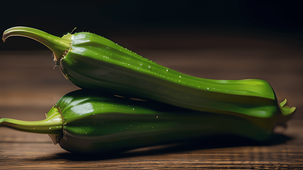 Two green peppers on a wooden table.