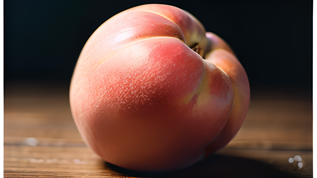 A peach on a wooden table.