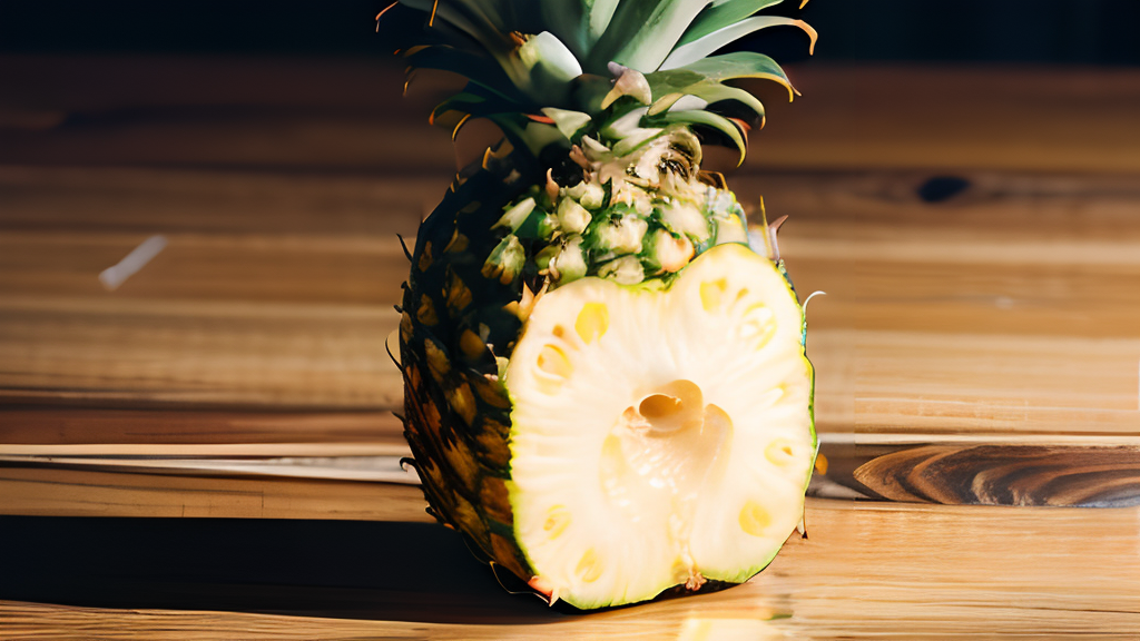 A pineapple is sitting on a wooden table.