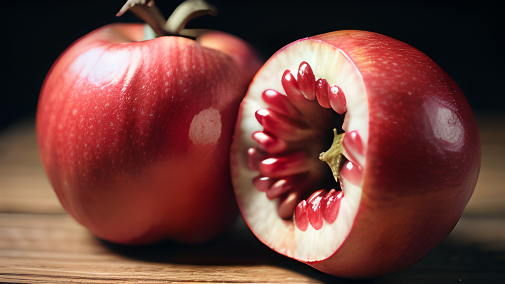 A red pomegranate on a wooden table.