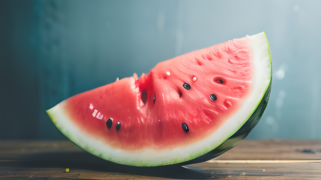 A slice of watermelon on a wooden table.