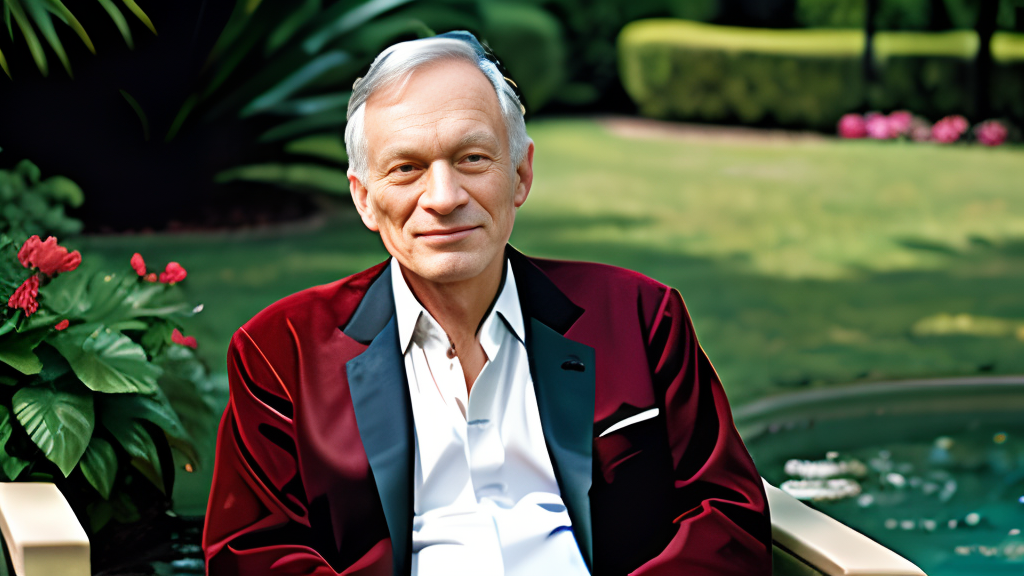 A man in a burgundy suit sits in a chair next to a pool.