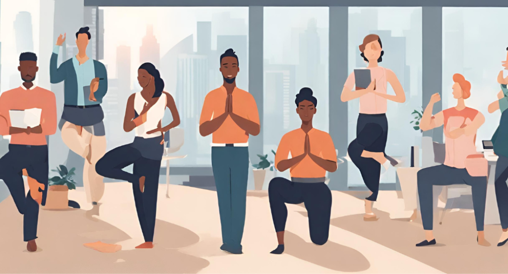 A group of people doing yoga in an office.