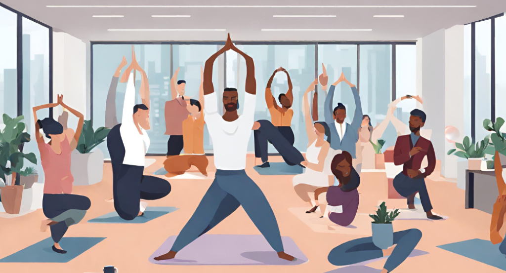 A group of people doing yoga in an office.