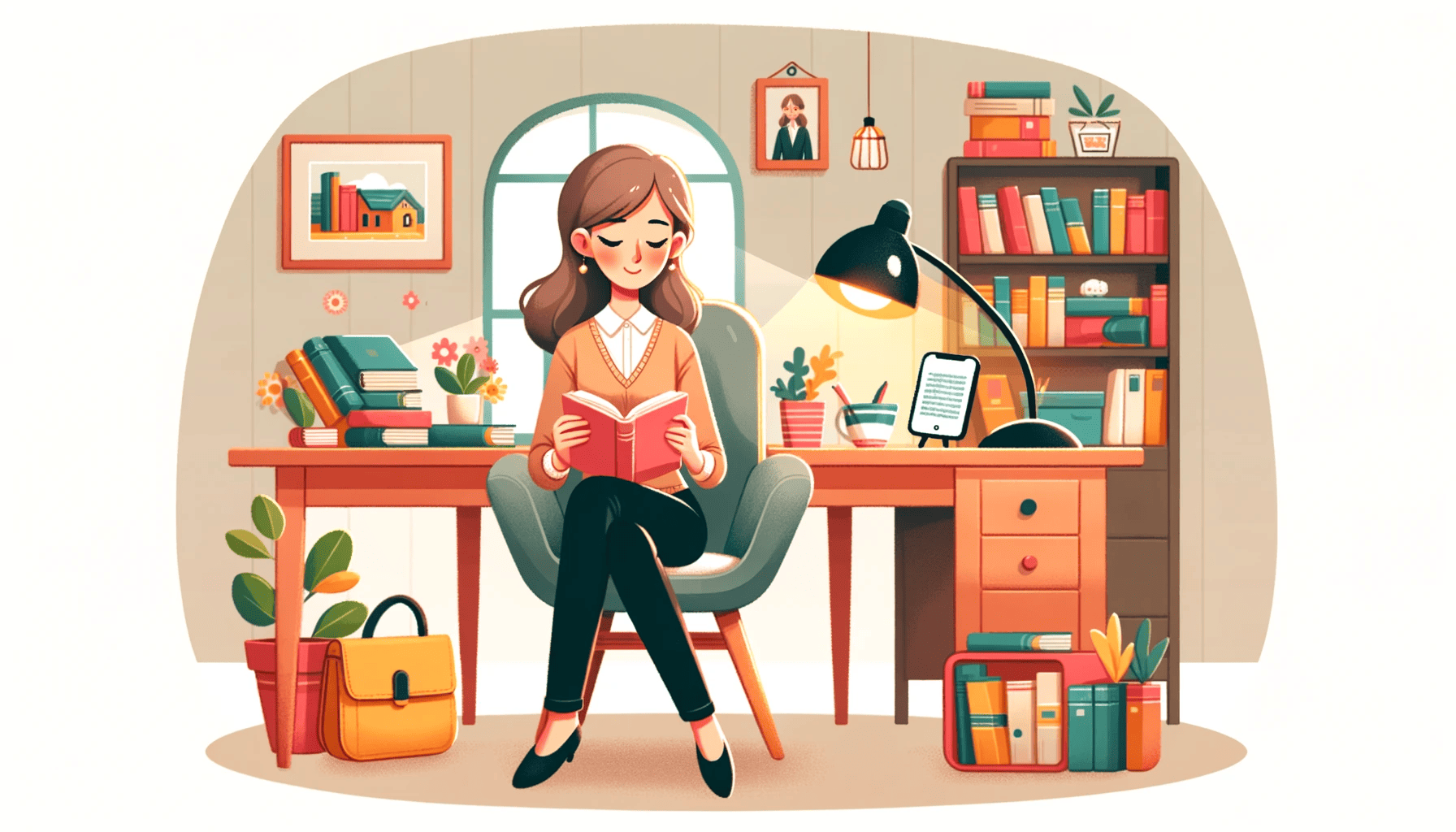 A girl sitting at a desk reading a book.