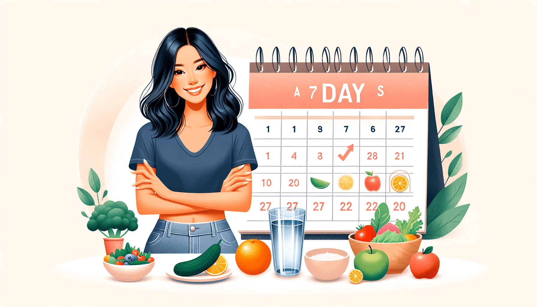 A joyful woman stands before a kitchen brimming with an assortment of fruits and vegetables.