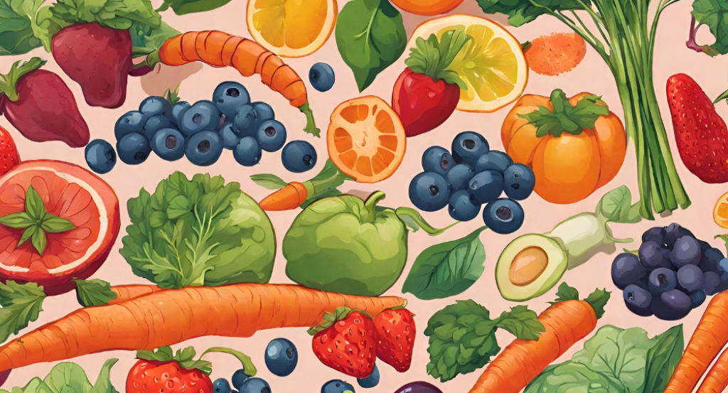 A seamless pattern of fruits and vegetables on a pink background.