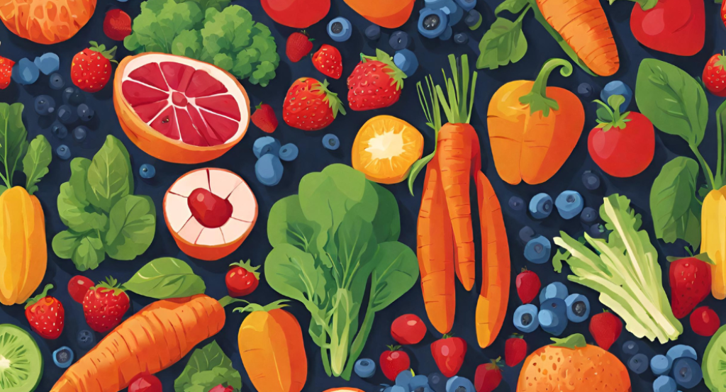 A seamless pattern of fruits and vegetables.